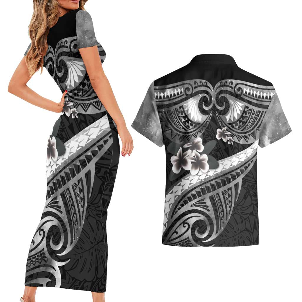 Black Polynesia Couples Matching Short Sleeve Bodycon Dress and Hawaiian Shirt Tribal Pattern Tropical Frangipani LT14 - Polynesian Pride