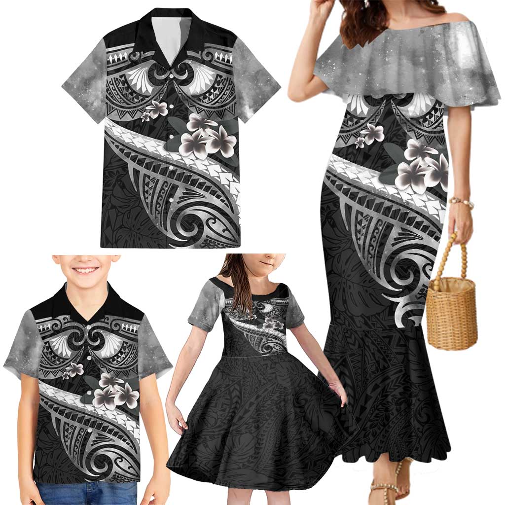 Black Polynesia Family Matching Mermaid Dress and Hawaiian Shirt Tribal Pattern Tropical Frangipani
