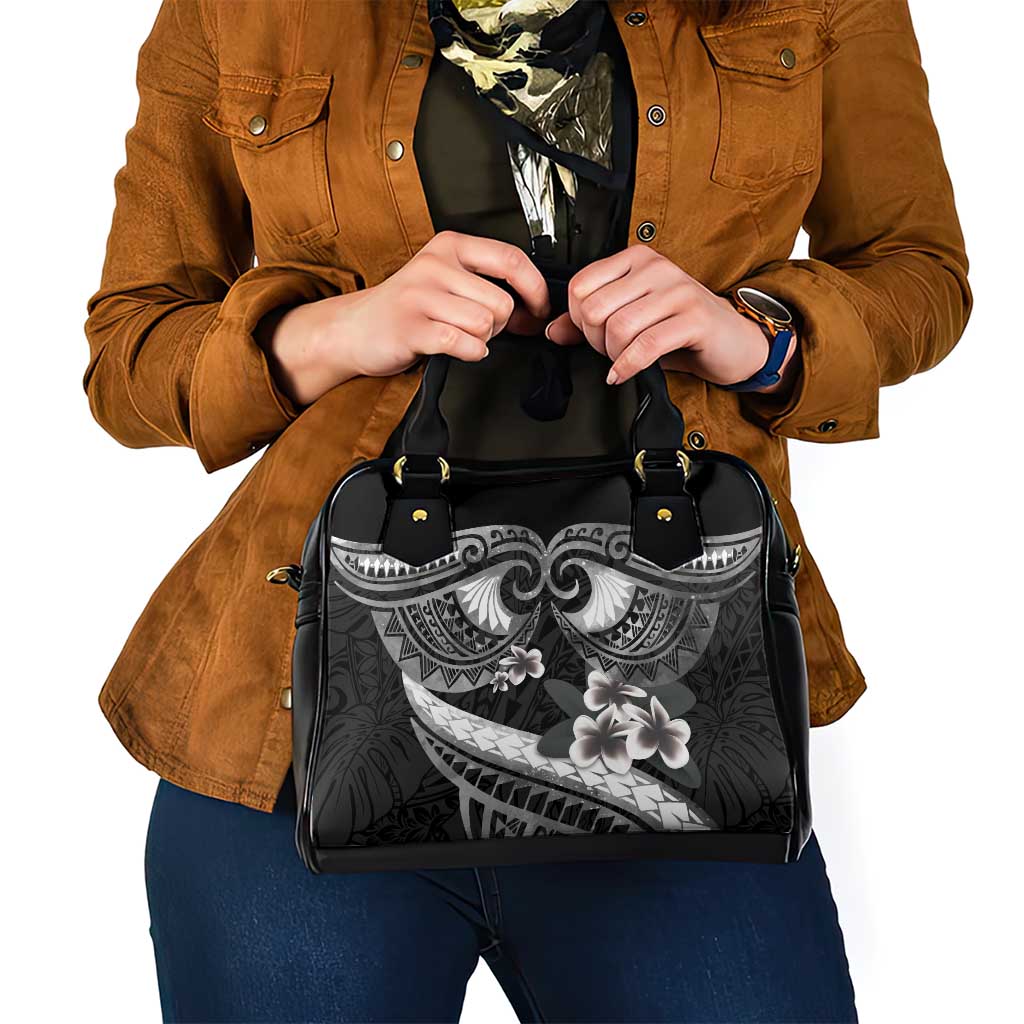 Black Polynesia Shoulder Handbag Tribal Pattern Tropical Frangipani