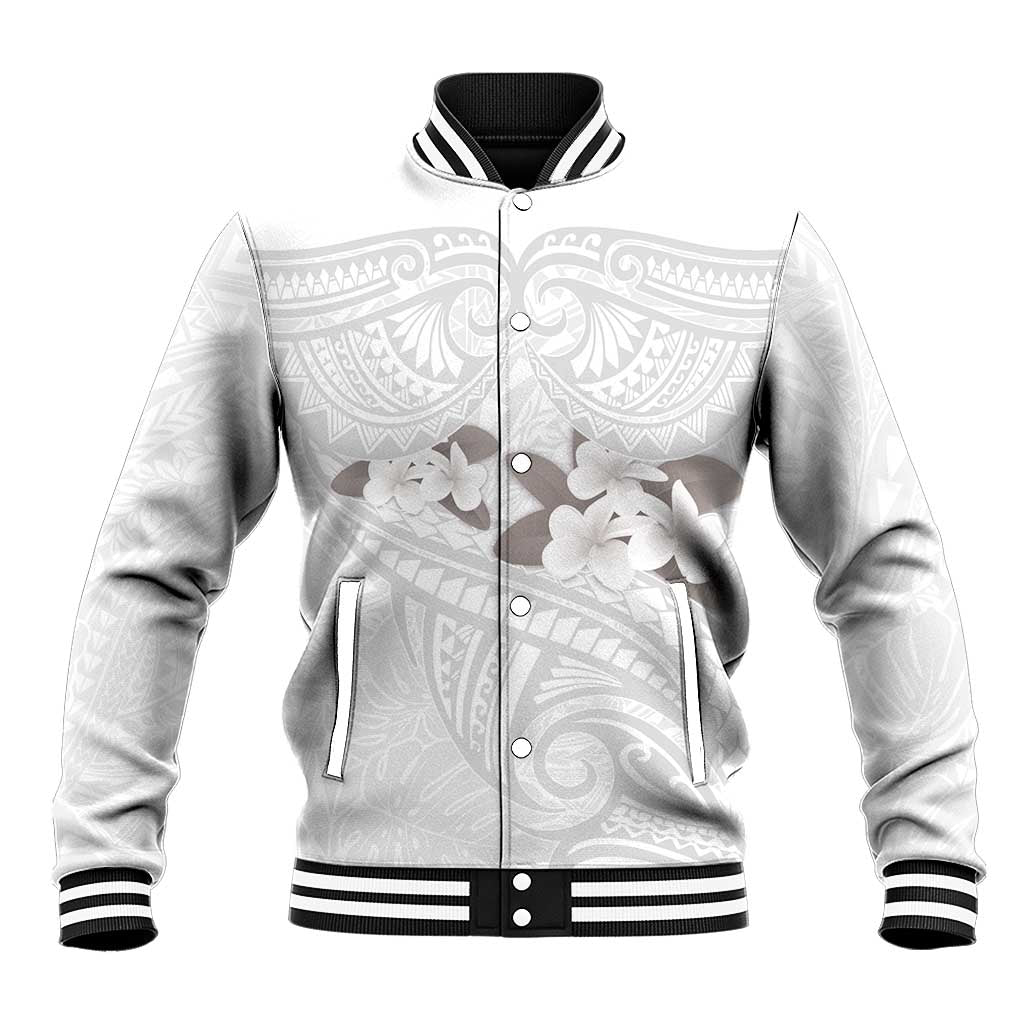 White Polynesia Baseball Jacket Tribal Pattern Tropical Frangipani