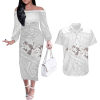 White Polynesia Couples Matching Off The Shoulder Long Sleeve Dress and Hawaiian Shirt Tribal Pattern Tropical Frangipani