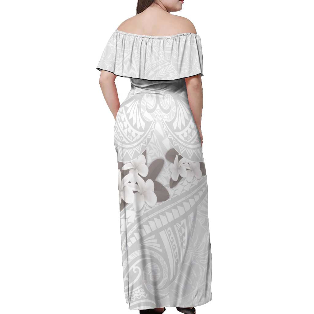 White Polynesia Off Shoulder Maxi Dress Tribal Pattern Tropical Frangipani