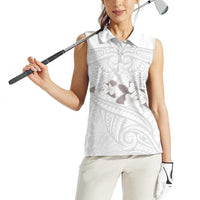 White Polynesia Women Sleeveless Polo Shirt Tribal Pattern Tropical Frangipani