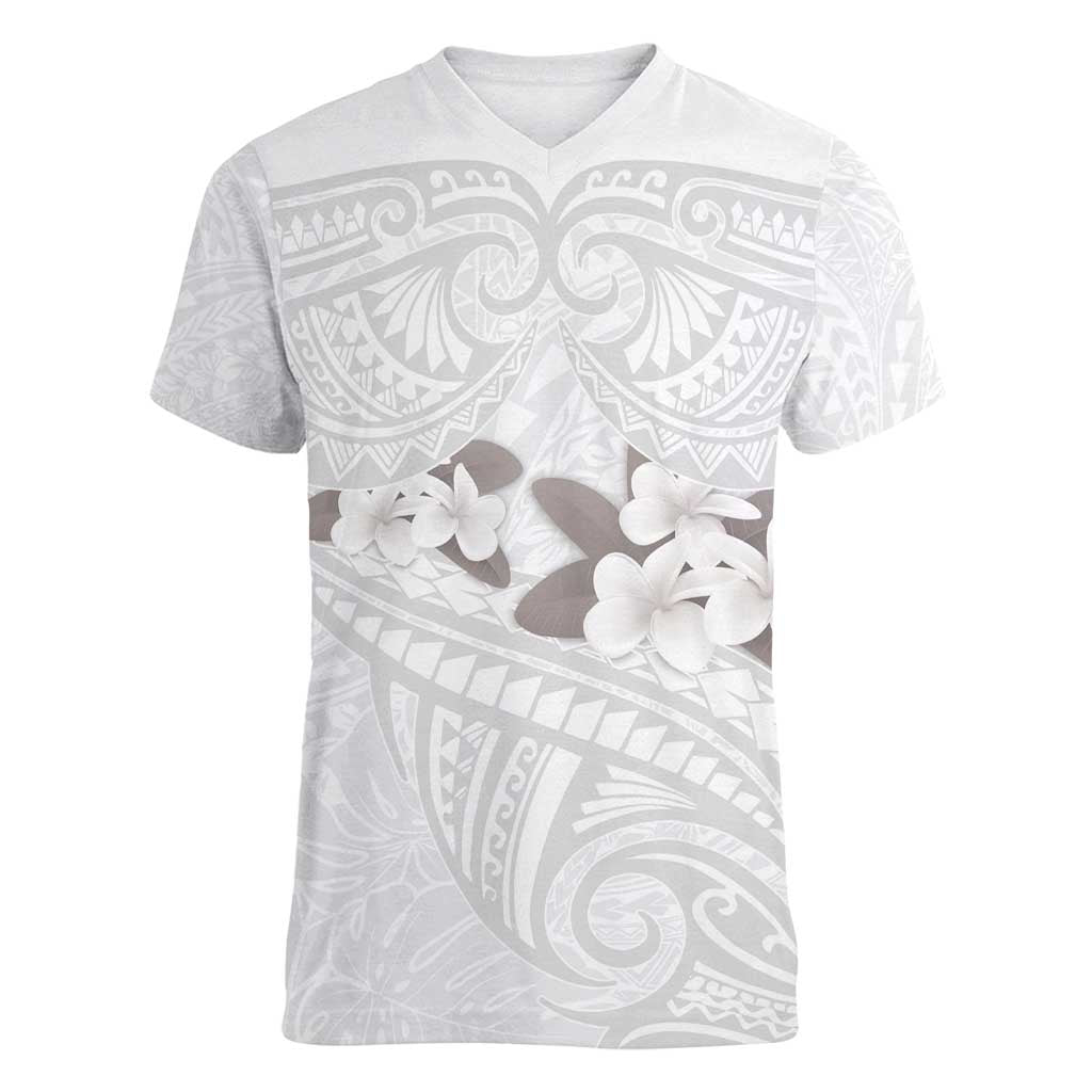 White Polynesia Women V-Neck T-Shirt Tribal Pattern Tropical Frangipani