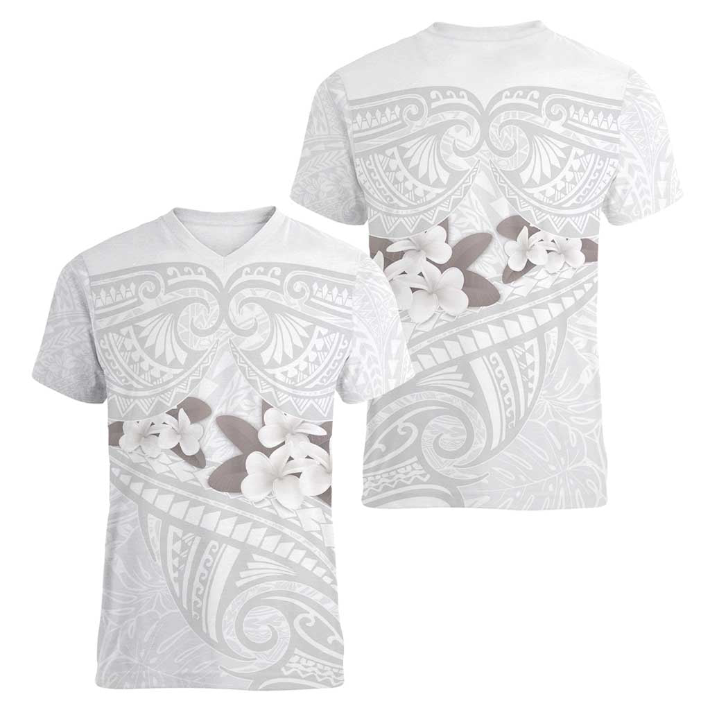 White Polynesia Women V-Neck T-Shirt Tribal Pattern Tropical Frangipani