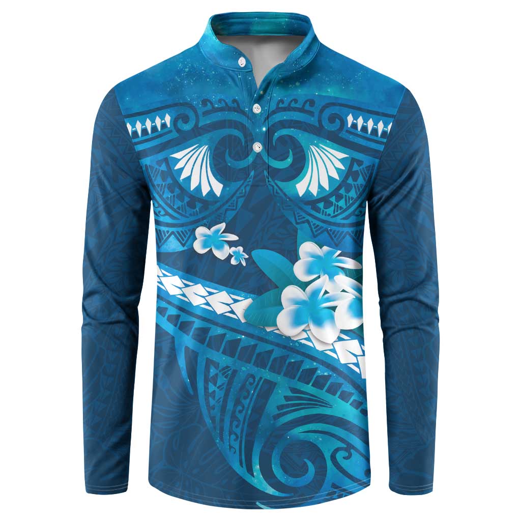 Blue Polynesia Button Sweatshirt Tribal Pattern Tropical Frangipani