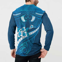 Blue Polynesia Button Sweatshirt Tribal Pattern Tropical Frangipani