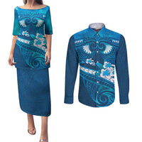 Blue Polynesia Couples Matching Puletasi and Long Sleeve Button Shirt Tribal Pattern Tropical Frangipani