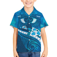 Blue Polynesia Family Matching Long Sleeve Bodycon Dress and Hawaiian Shirt Tribal Pattern Tropical Frangipani