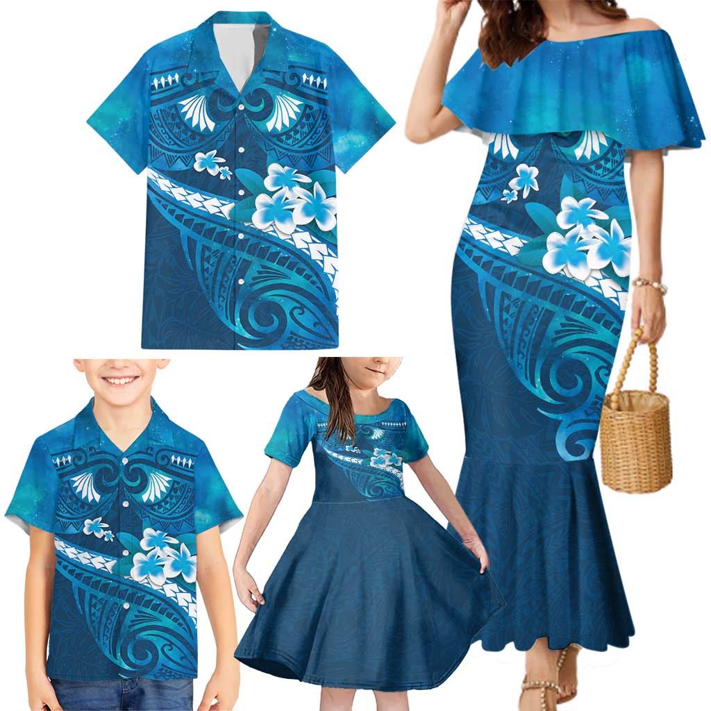 Blue Polynesia Family Matching Mermaid Dress and Hawaiian Shirt Tribal Pattern Tropical Frangipani
