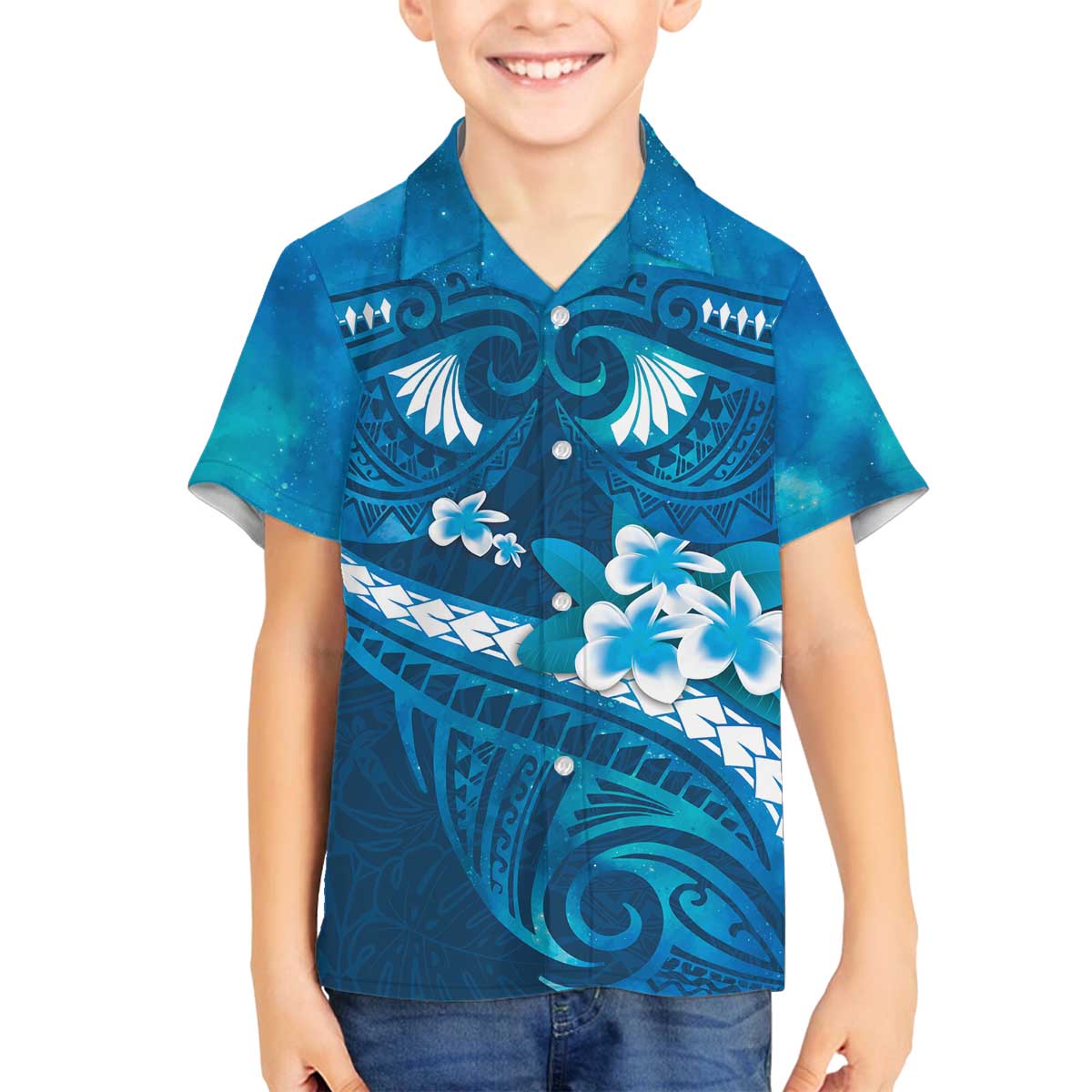 Blue Polynesia Family Matching Off Shoulder Short Dress and Hawaiian Shirt Tribal Pattern Tropical Frangipani