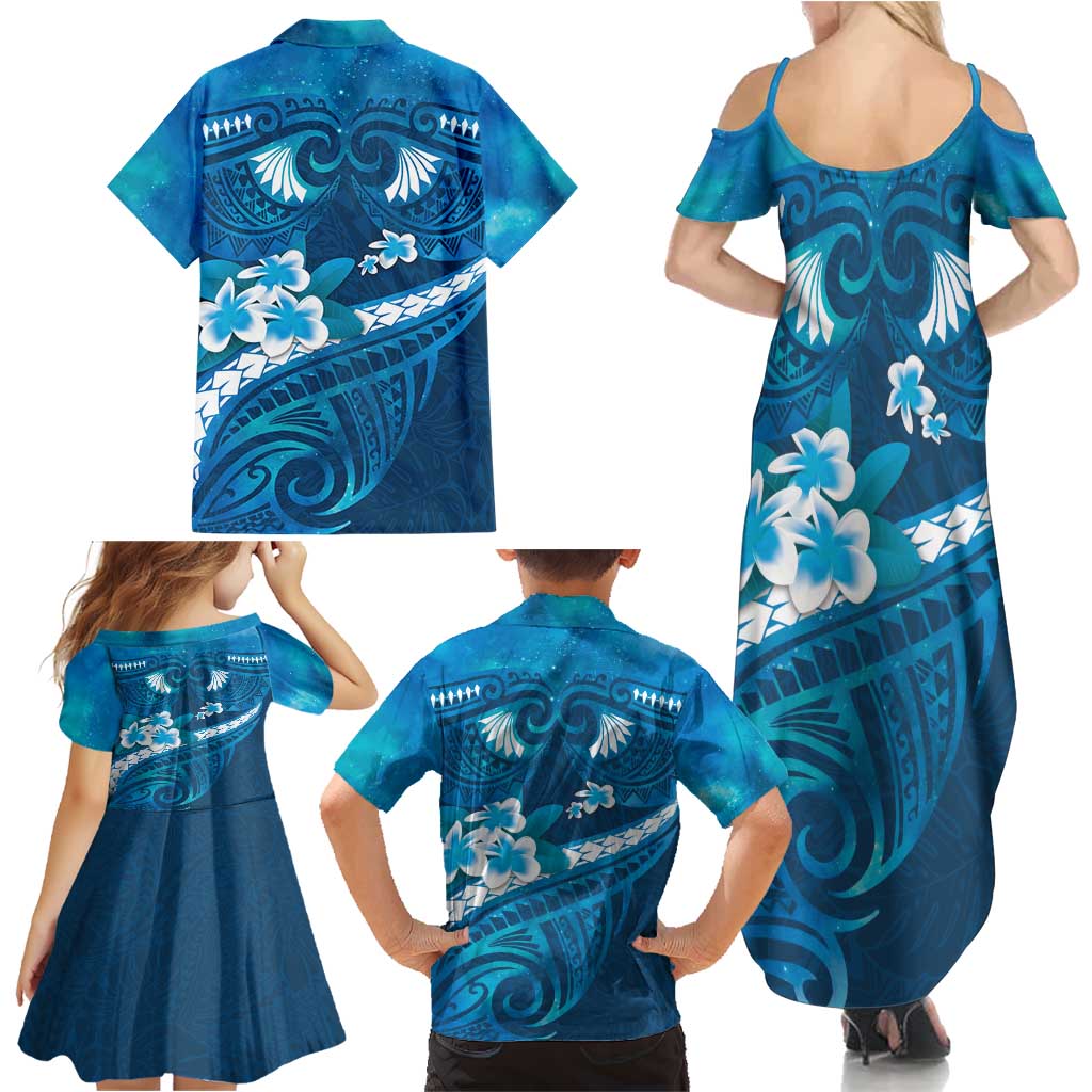 Blue Polynesia Family Matching Summer Maxi Dress and Hawaiian Shirt Tribal Pattern Tropical Frangipani