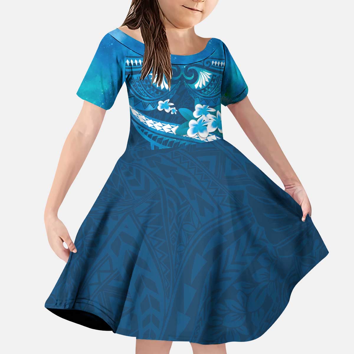 Blue Polynesia Kid Short Sleeve Dress Tribal Pattern Tropical Frangipani