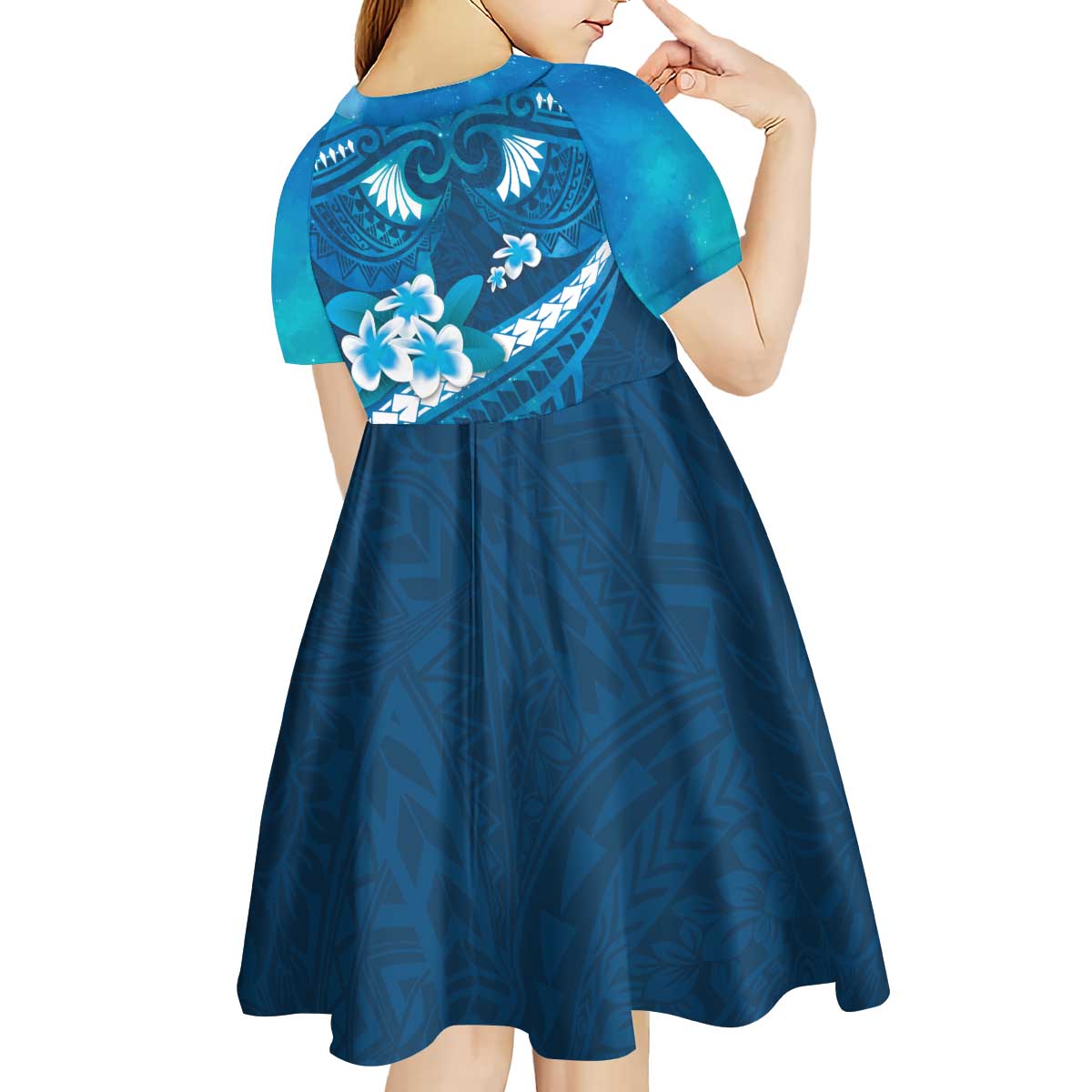 Blue Polynesia Kid Short Sleeve Dress Tribal Pattern Tropical Frangipani