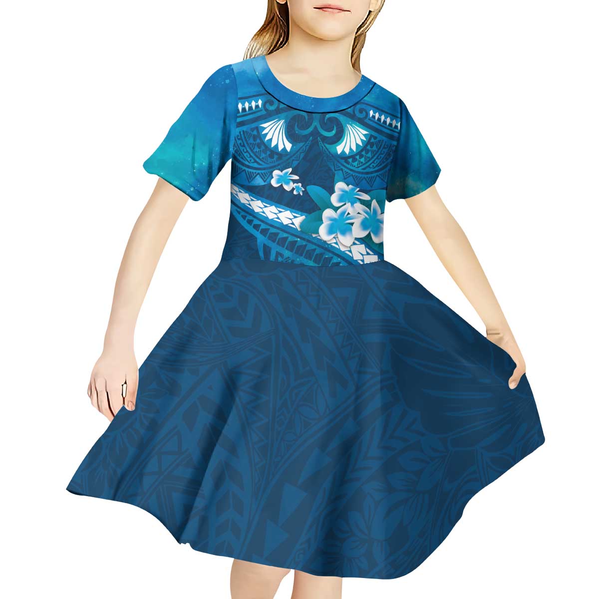 Blue Polynesia Kid Short Sleeve Dress Tribal Pattern Tropical Frangipani