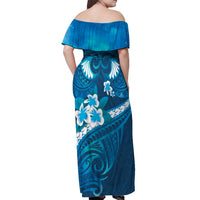 Blue Polynesia Off Shoulder Maxi Dress Tribal Pattern Tropical Frangipani
