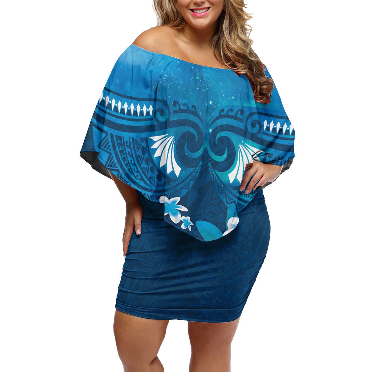 Blue Polynesia Off Shoulder Short Dress Tribal Pattern Tropical Frangipani
