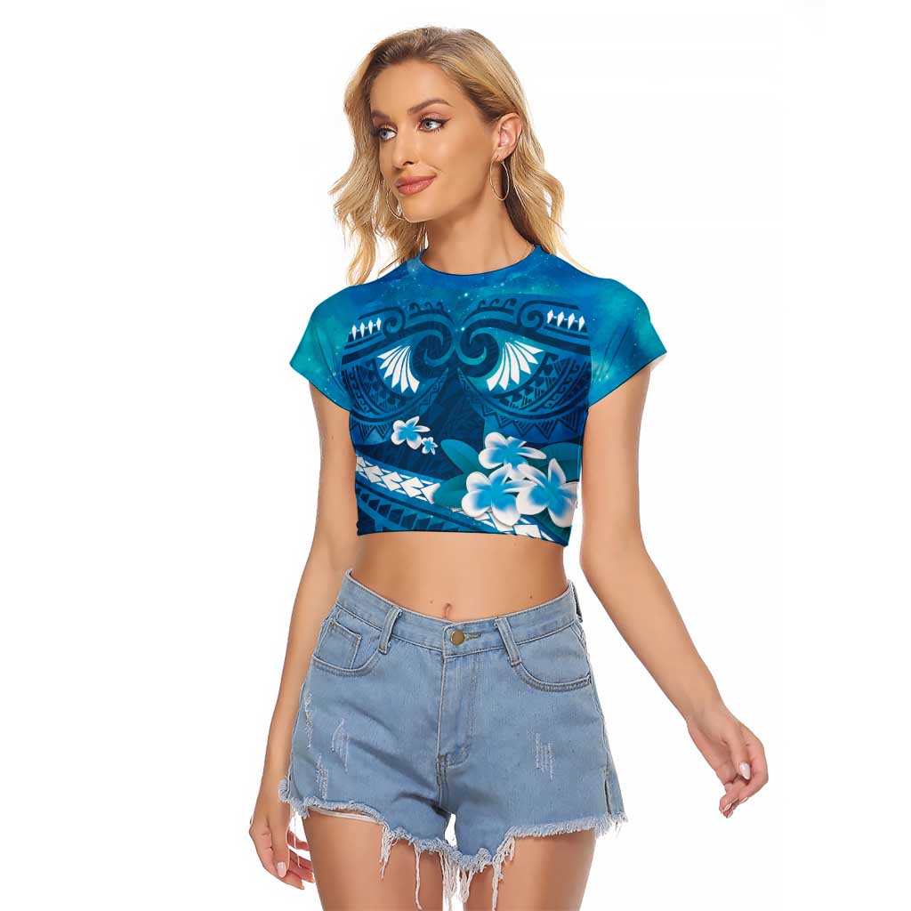 Blue Polynesia Raglan Cropped T Shirt Tribal Pattern Tropical Frangipani