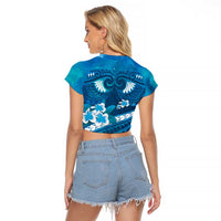 Blue Polynesia Raglan Cropped T Shirt Tribal Pattern Tropical Frangipani
