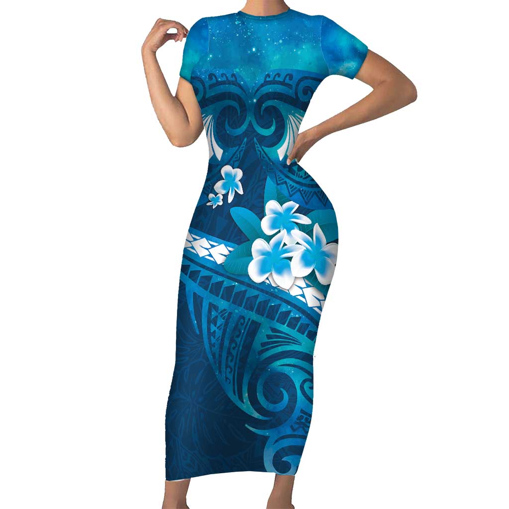 Blue Polynesia Short Sleeve Bodycon Dress Tribal Pattern Tropical Frangipani LT14 Long Dress Blue - Polynesian Pride