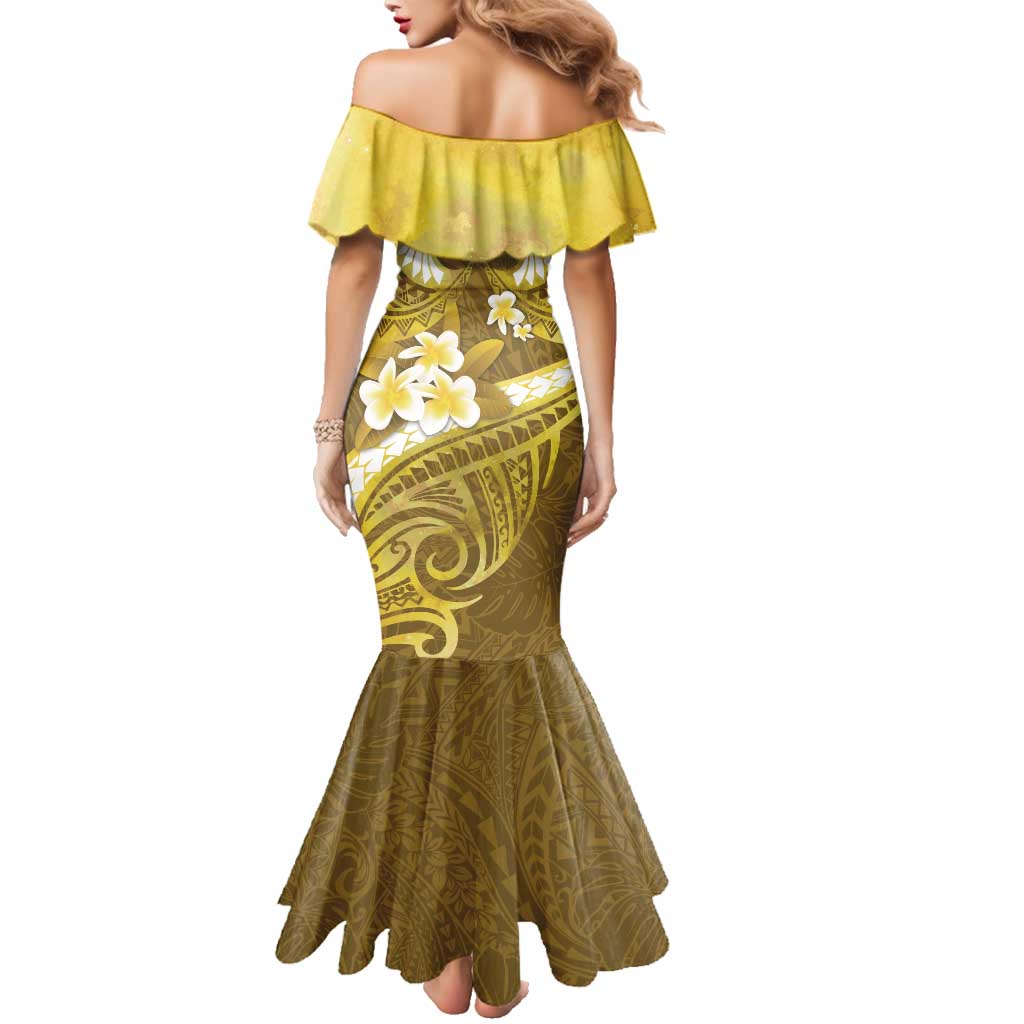 Gold Polynesia Family Matching Mermaid Dress and Hawaiian Shirt Tribal Pattern Tropical Frangipani