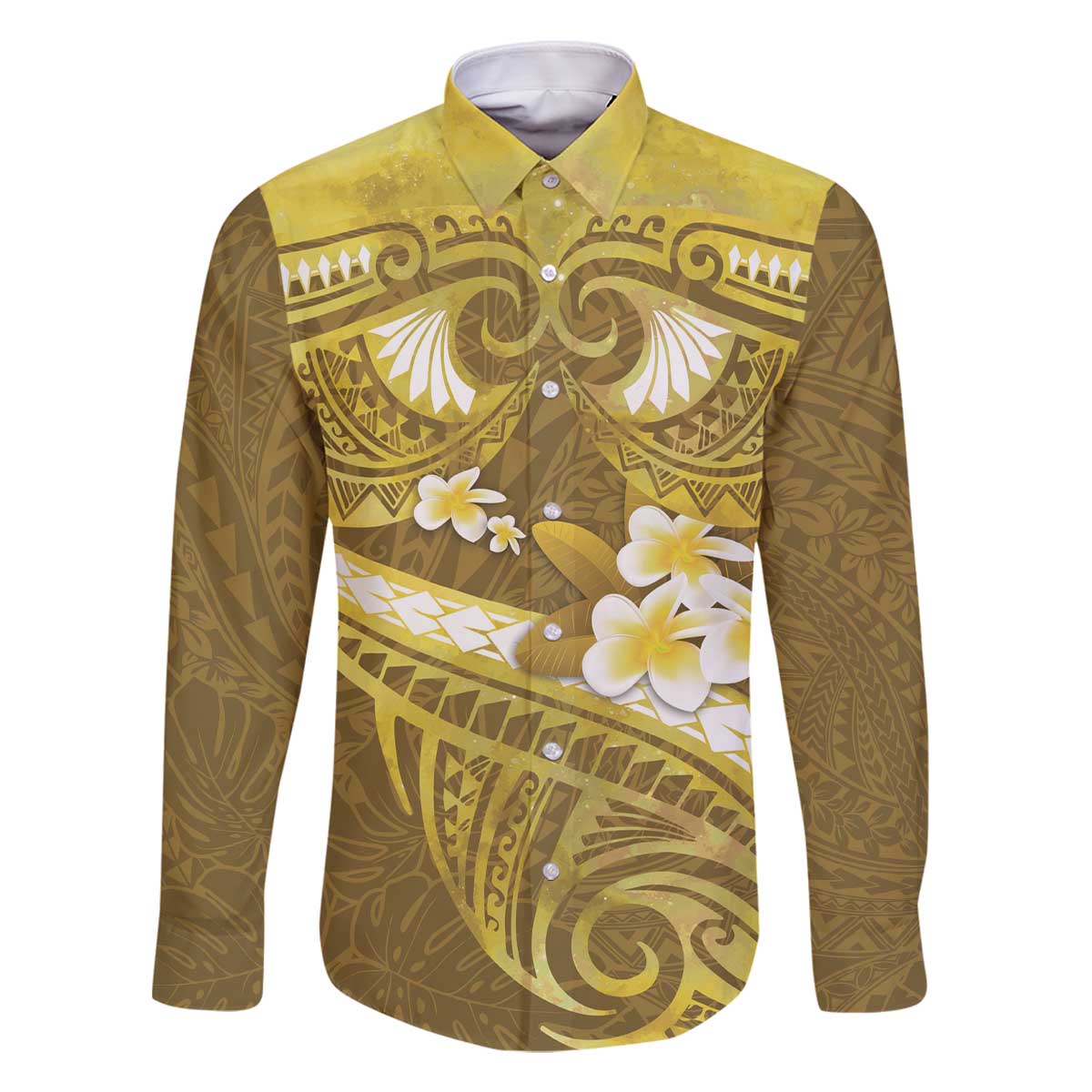 Gold Polynesia Family Matching Off The Shoulder Long Sleeve Dress and Hawaiian Shirt Tribal Pattern Tropical Frangipani