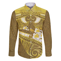 Gold Polynesia Family Matching Off The Shoulder Long Sleeve Dress and Hawaiian Shirt Tribal Pattern Tropical Frangipani
