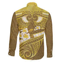 Gold Polynesia Family Matching Off The Shoulder Long Sleeve Dress and Hawaiian Shirt Tribal Pattern Tropical Frangipani