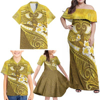 Gold Polynesia Family Matching Off Shoulder Maxi Dress and Hawaiian Shirt Tribal Pattern Tropical Frangipani