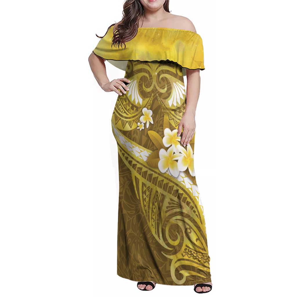 Gold Polynesia Family Matching Off Shoulder Maxi Dress and Hawaiian Shirt Tribal Pattern Tropical Frangipani
