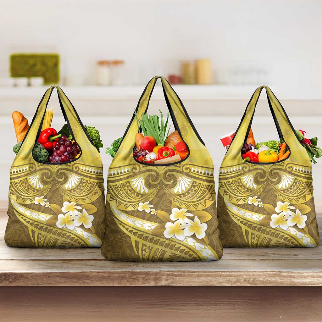 Gold Polynesia Grocery Bag Tribal Pattern Tropical Frangipani