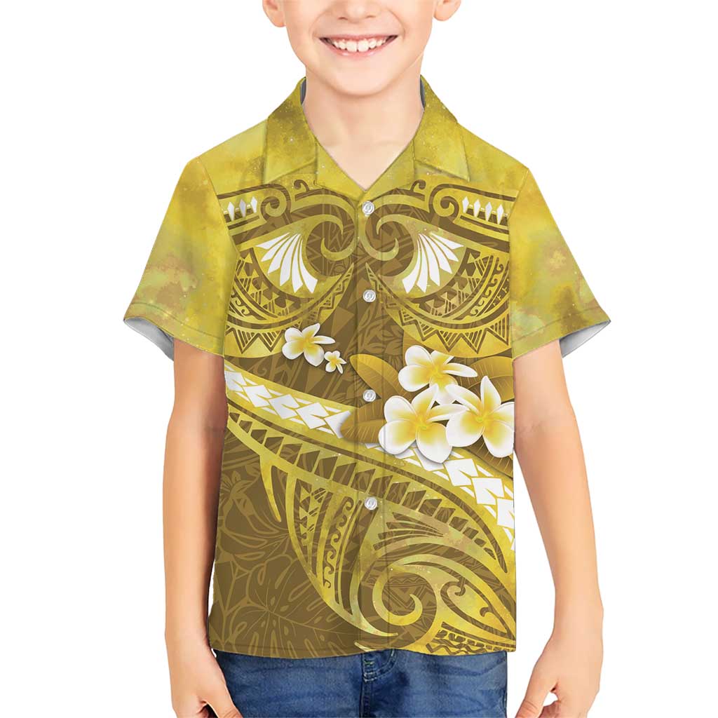 Gold Polynesia Kid Hawaiian Shirt Tribal Pattern Tropical Frangipani