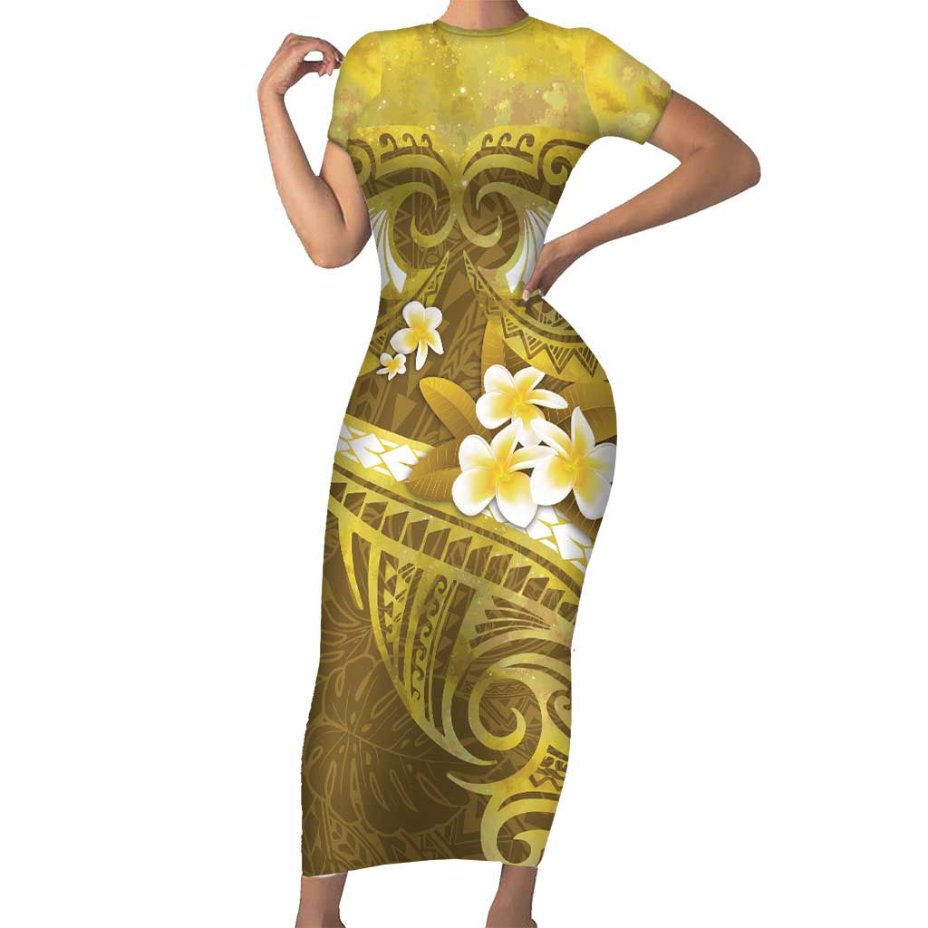 Gold Polynesia Short Sleeve Bodycon Dress Tribal Pattern Tropical Frangipani LT14 Long Dress Gold - Polynesian Pride