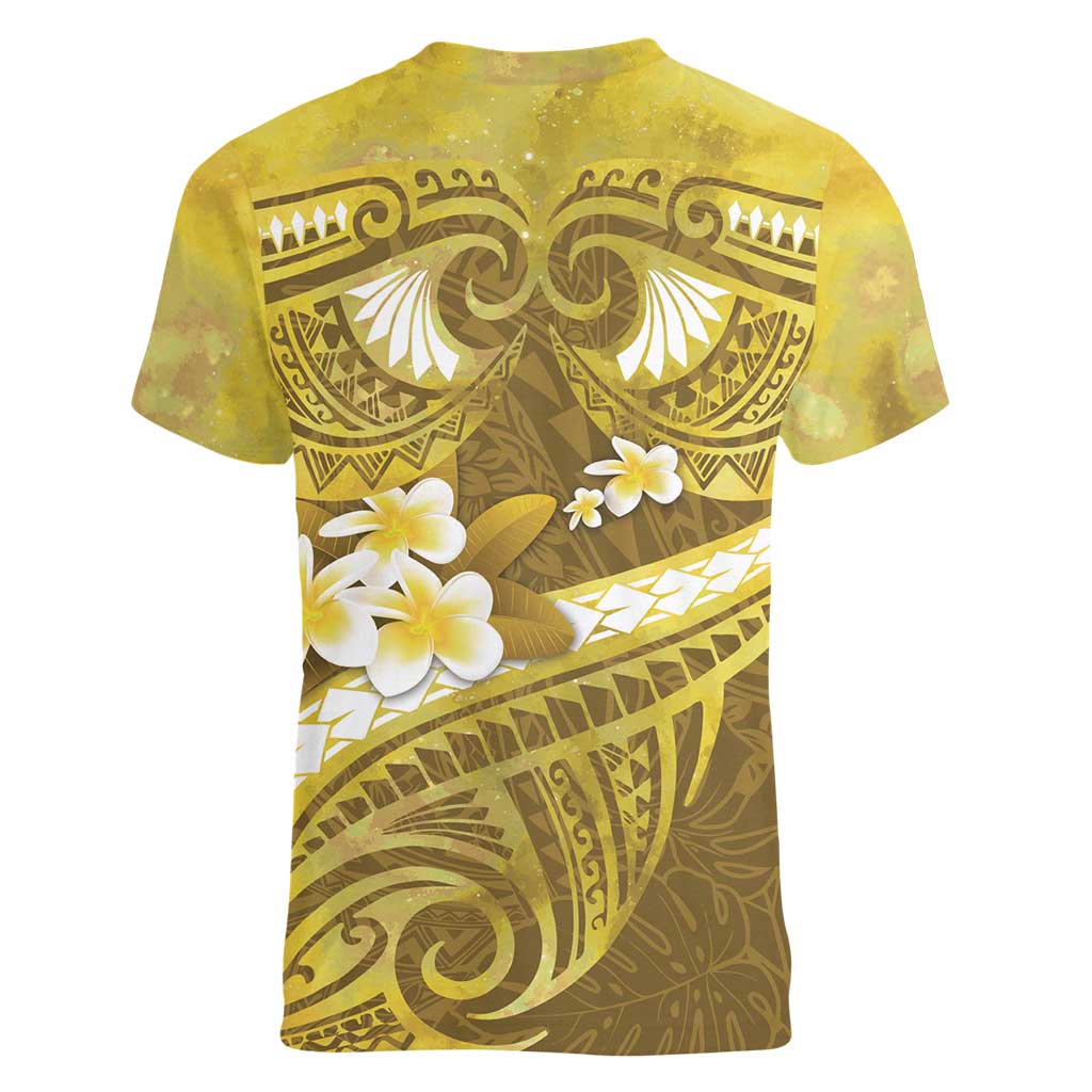Gold Polynesia Women V-Neck T-Shirt Tribal Pattern Tropical Frangipani