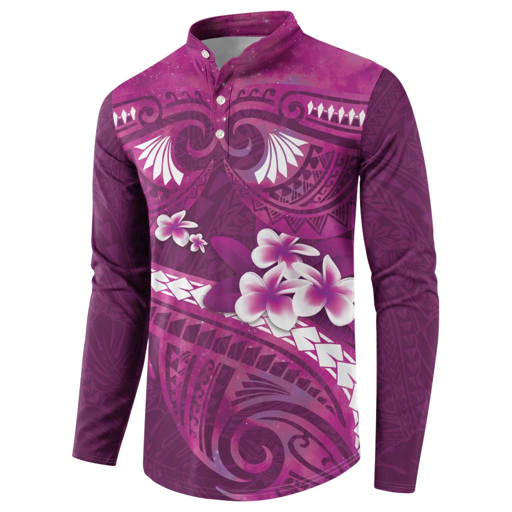 Pink Polynesia Button Sweatshirt Tribal Pattern Tropical Frangipani