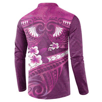 Pink Polynesia Button Sweatshirt Tribal Pattern Tropical Frangipani