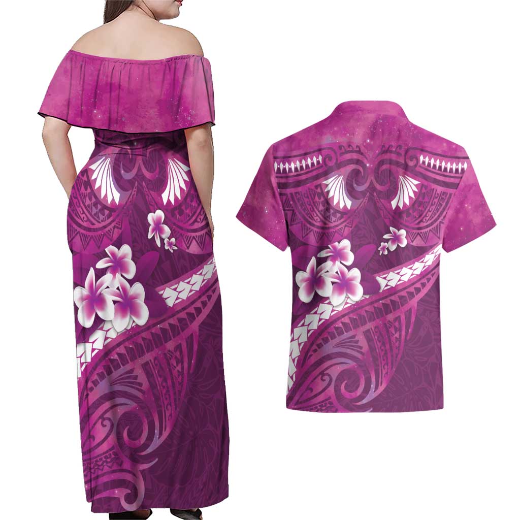 Pink Polynesia Couples Matching Off Shoulder Maxi Dress and Hawaiian Shirt Tribal Pattern Tropical Frangipani LT14 - Polynesian Pride