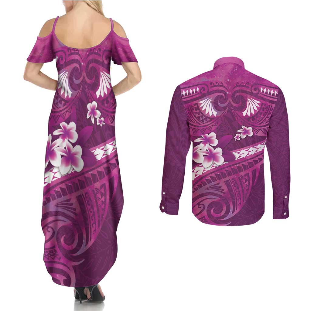 Pink Polynesia Couples Matching Summer Maxi Dress and Long Sleeve Button Shirt Tribal Pattern Tropical Frangipani