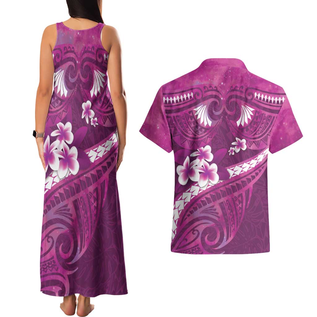 Pink Polynesia Couples Matching Tank Maxi Dress and Hawaiian Shirt Tribal Pattern Tropical Frangipani