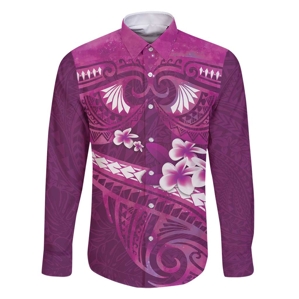 Pink Polynesia Family Matching Long Sleeve Bodycon Dress and Hawaiian Shirt Tribal Pattern Tropical Frangipani LT14 Dad's Shirt - Long Sleeve Pink - Polynesian Pride