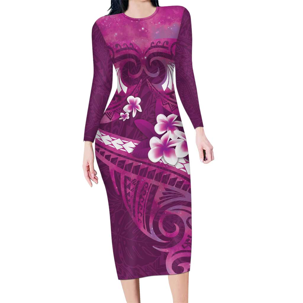 Pink Polynesia Family Matching Long Sleeve Bodycon Dress and Hawaiian Shirt Tribal Pattern Tropical Frangipani LT14 Mom's Dress Pink - Polynesian Pride