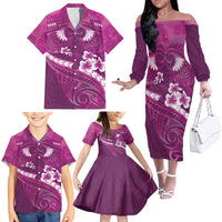 Pink Polynesia Family Matching Off The Shoulder Long Sleeve Dress and Hawaiian Shirt Tribal Pattern Tropical Frangipani