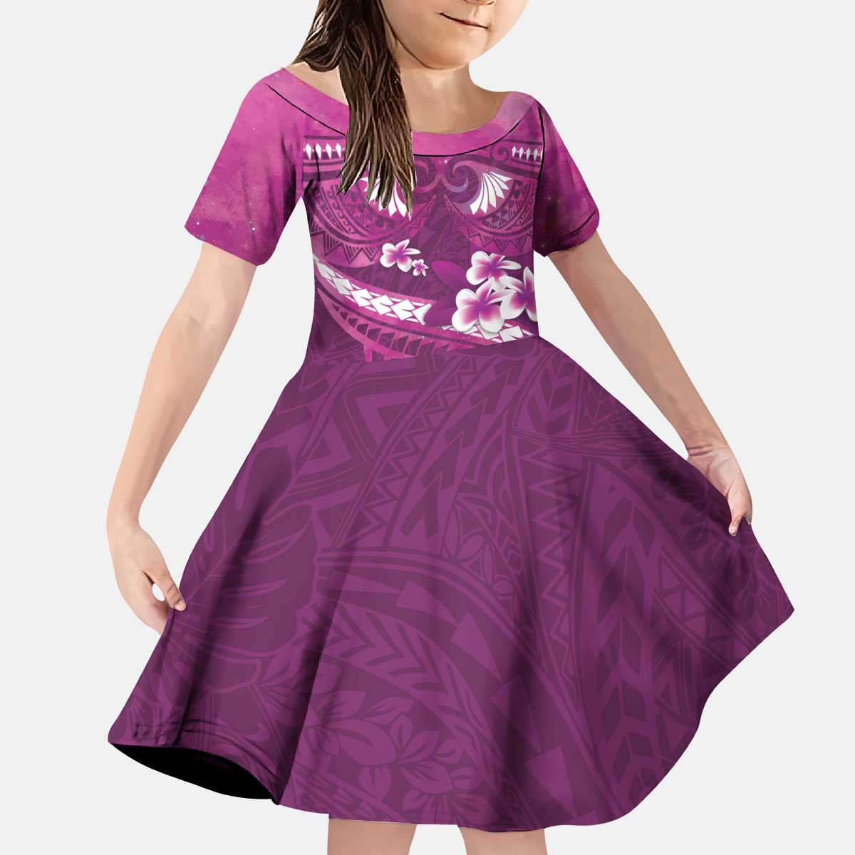 Pink Polynesia Kid Short Sleeve Dress Tribal Pattern Tropical Frangipani LT14 KID Pink - Polynesian Pride