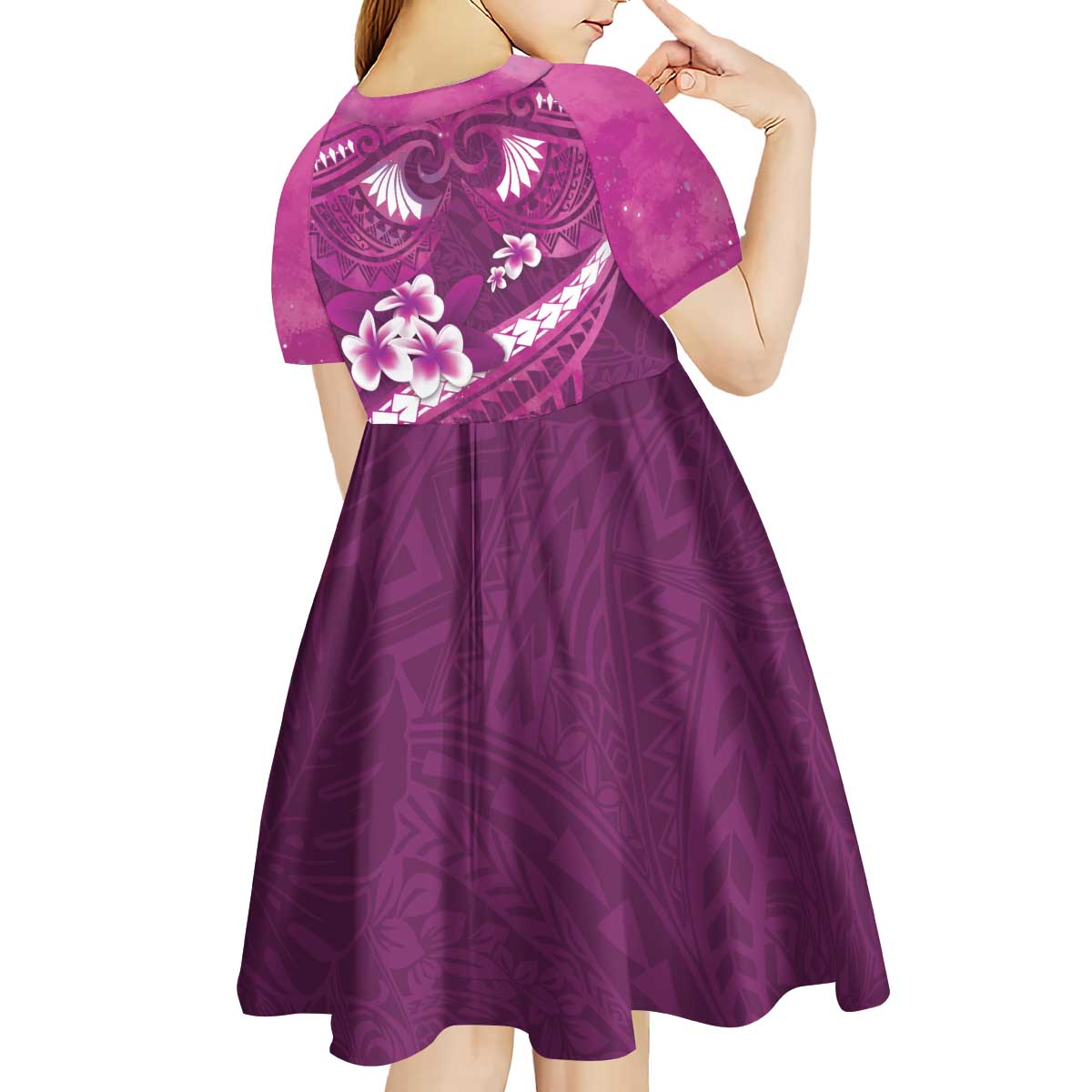 Pink Polynesia Kid Short Sleeve Dress Tribal Pattern Tropical Frangipani