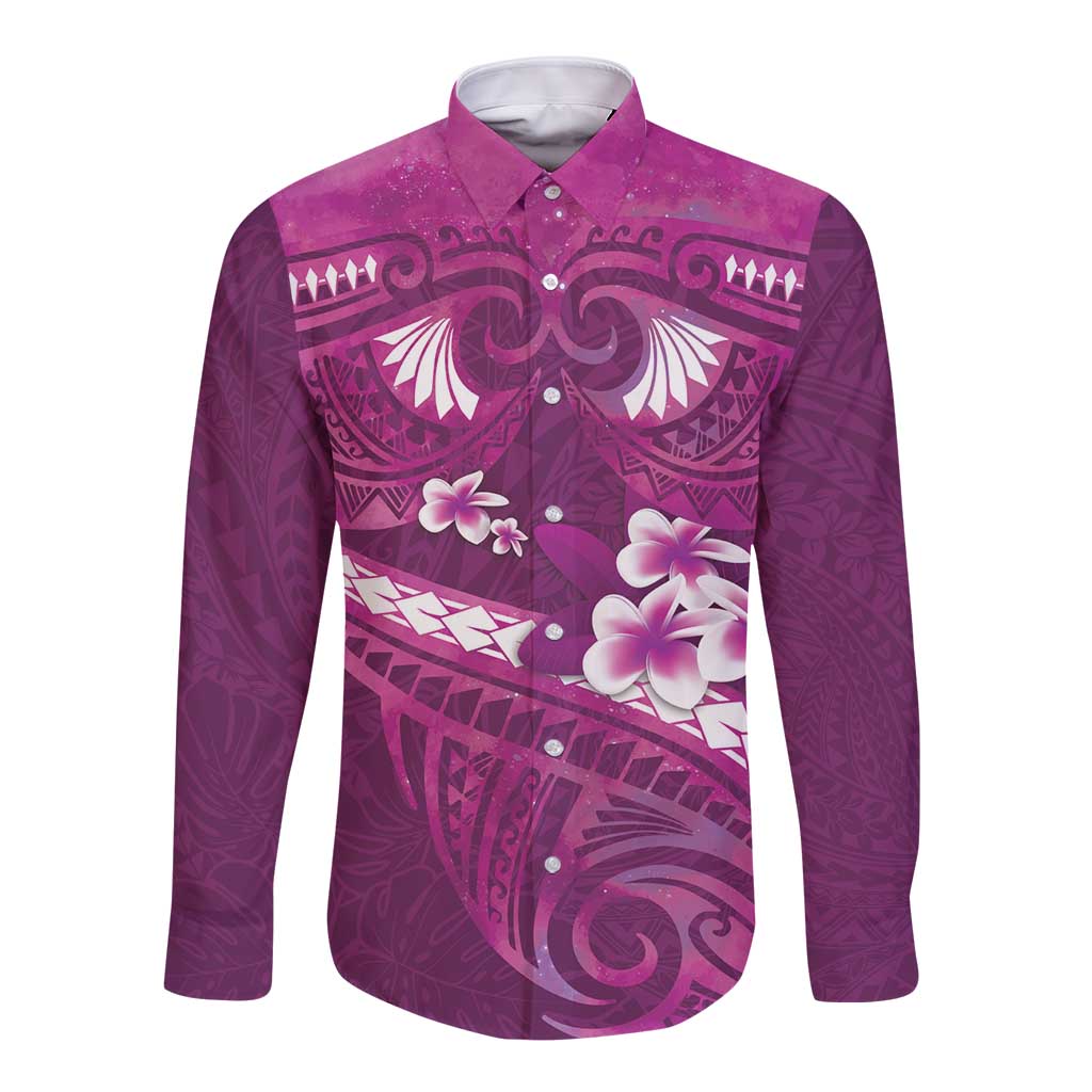 Pink Polynesia Long Sleeve Button Shirt Tribal Pattern Tropical Frangipani