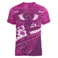 Pink Polynesia Women V-Neck T-Shirt Tribal Pattern Tropical Frangipani