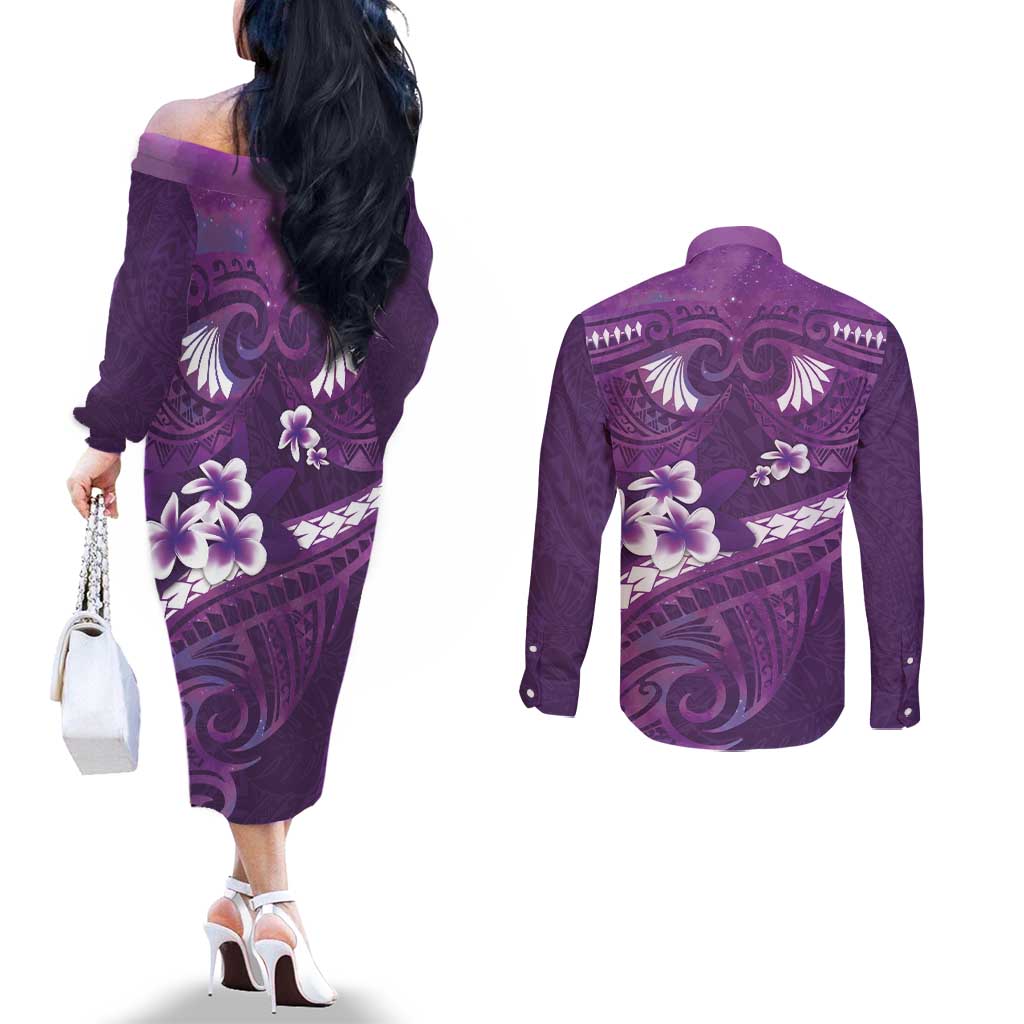 Purple Polynesia Couples Matching Off The Shoulder Long Sleeve Dress and Long Sleeve Button Shirt Tribal Pattern Tropical Frangipani