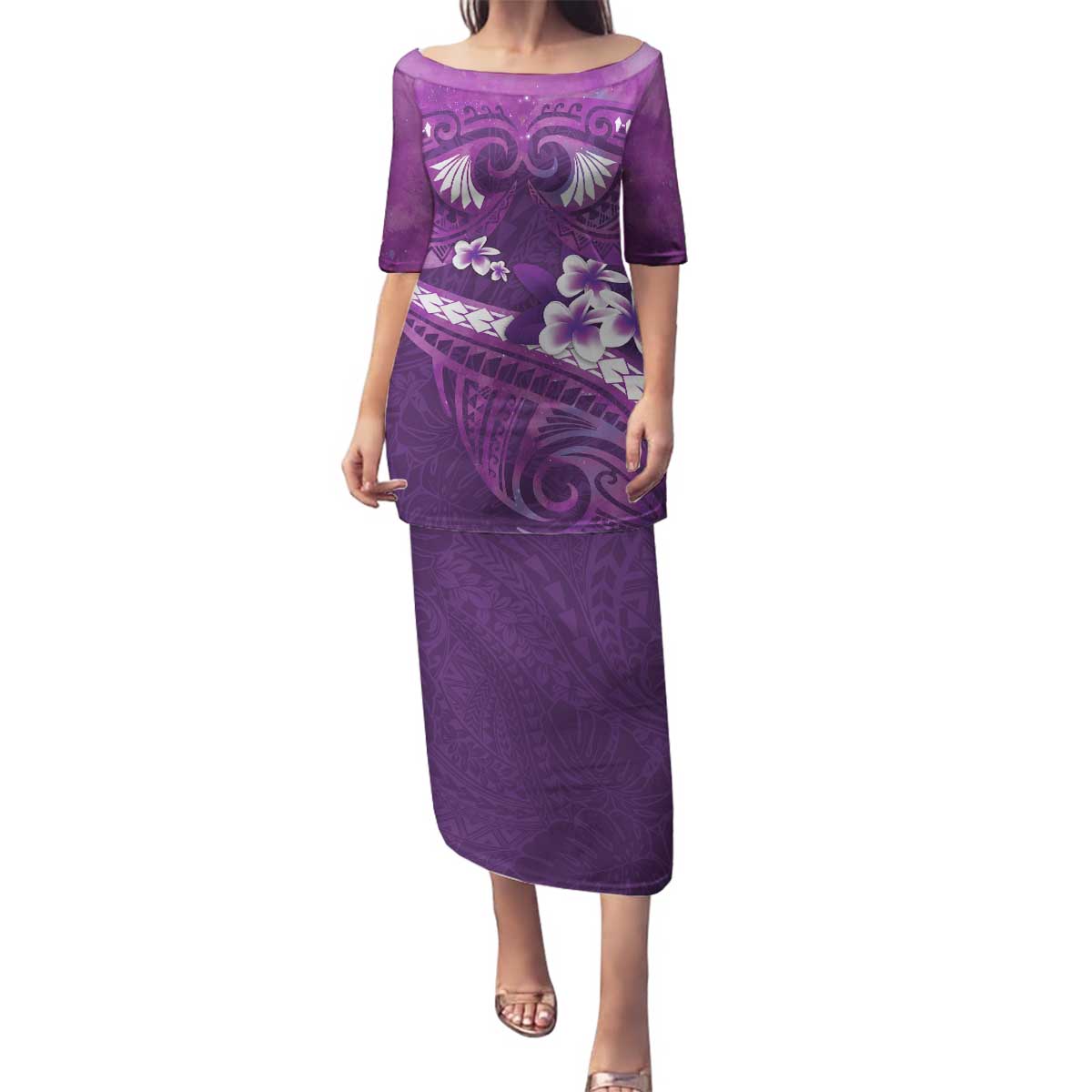 Purple Polynesia Family Matching Puletasi and Hawaiian Shirt Tribal Pattern Tropical Frangipani