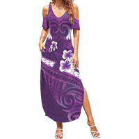 Purple Polynesia Family Matching Summer Maxi Dress and Hawaiian Shirt Tribal Pattern Tropical Frangipani