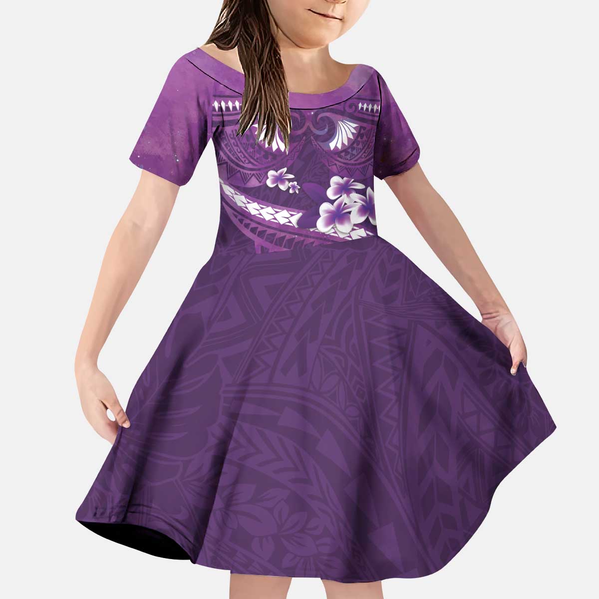 Purple Polynesia Kid Short Sleeve Dress Tribal Pattern Tropical Frangipani LT14 KID Purple - Polynesian Pride